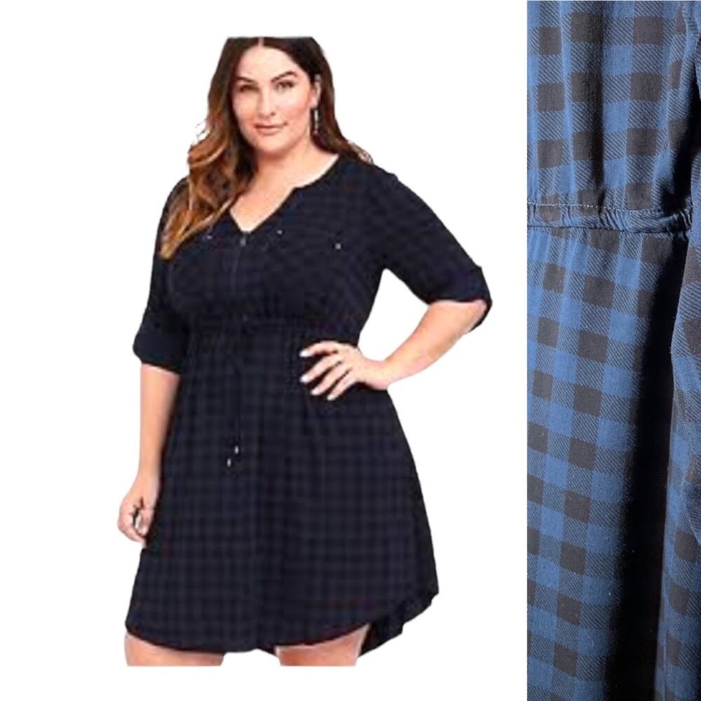 Torrid Navy Gingham Drawstring Challis Shirt Dress Medium -  Large